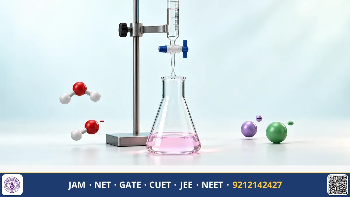 Conical flask undergoing color change under a burette beside an S-shaped pH titration curve plot