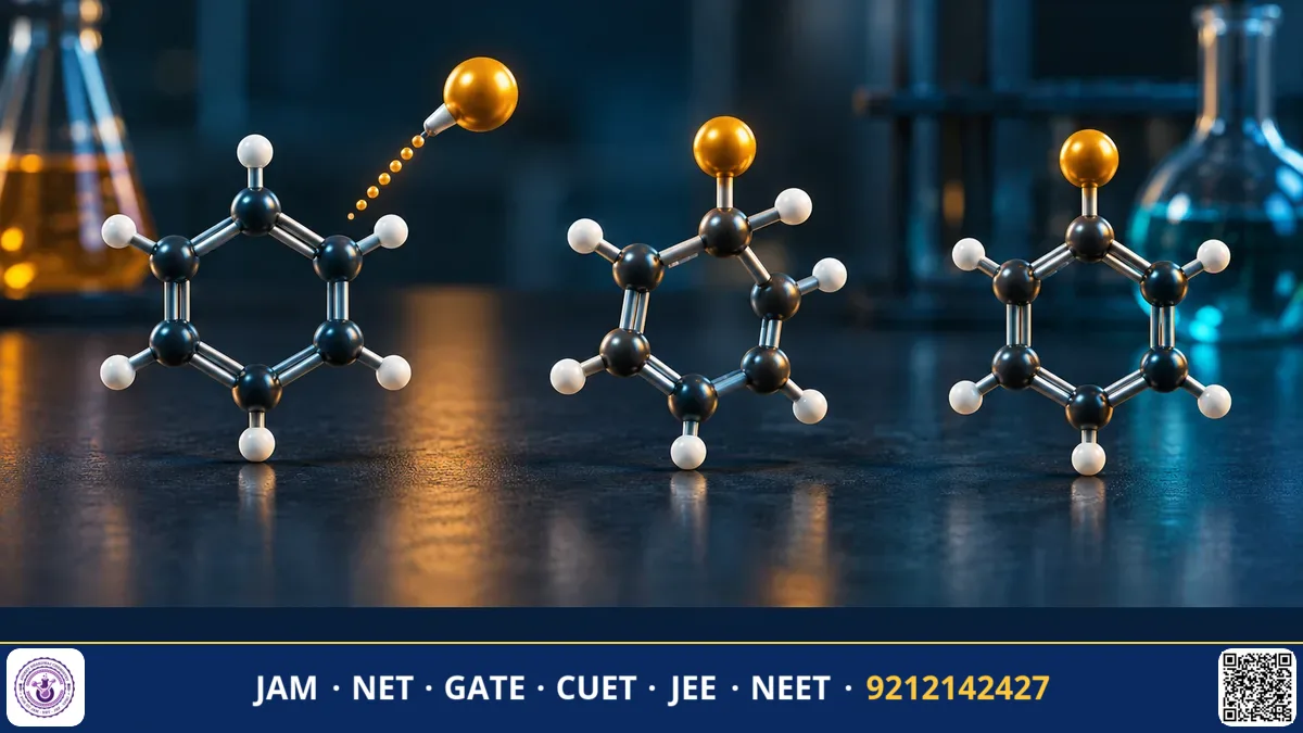 Benzene ring undergoing electrophilic attack with resonance-stabilised arenium ion intermediates