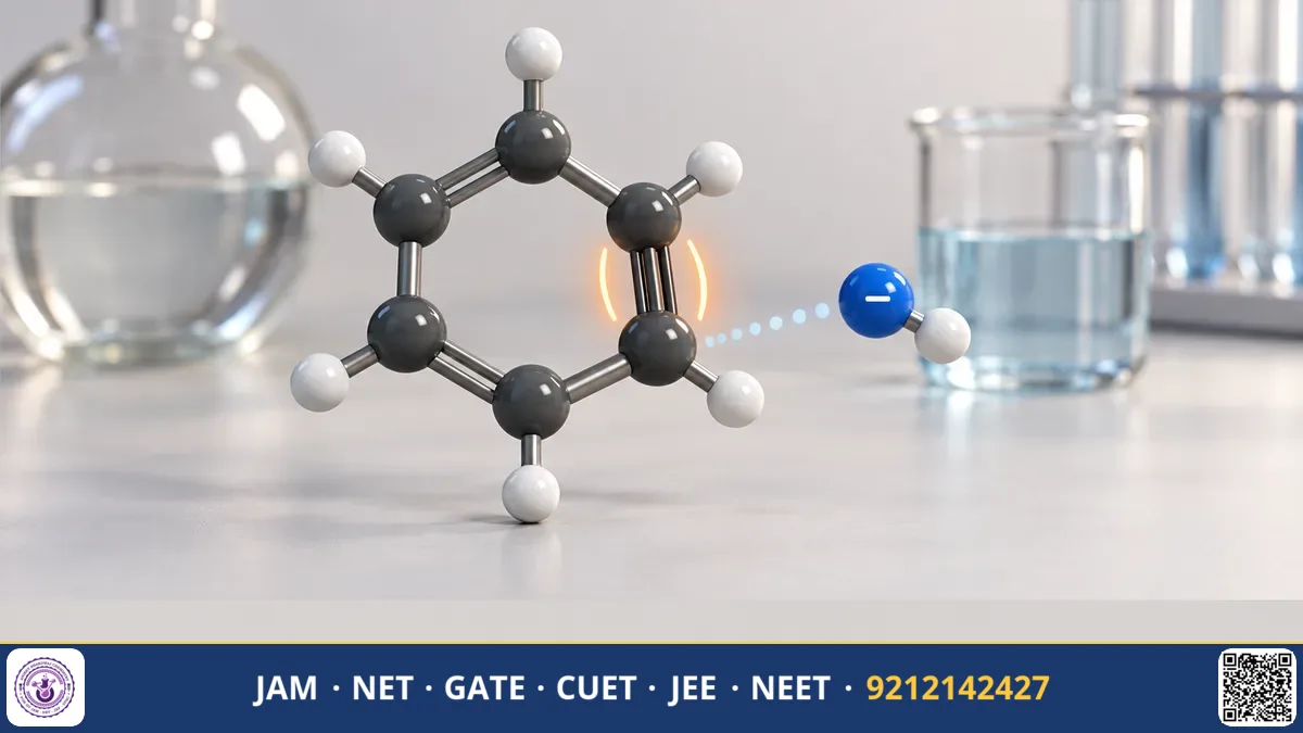 Chemical reaction scheme showing benzene ring with triple bond intermediate and nucleophilic attack