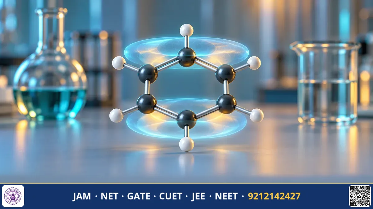 A planar benzene ring with overlapping p-orbitals, circulating pi electron clouds, and counting steps.