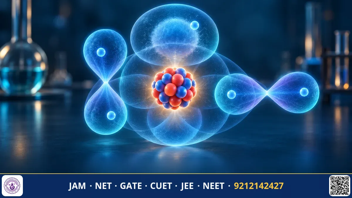 An atom with electron probability clouds, energy level diagrams, and orbital filling arrows