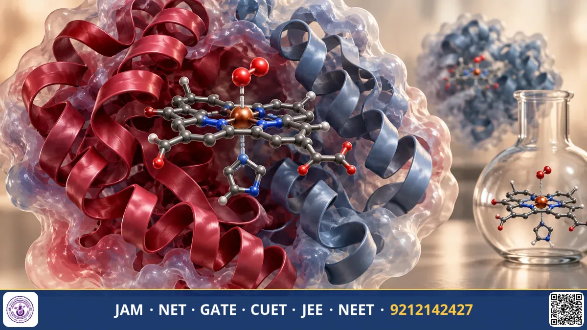 Iron porphyrin ring structure showing bound oxygen molecule and sigmoidal binding curve comparison