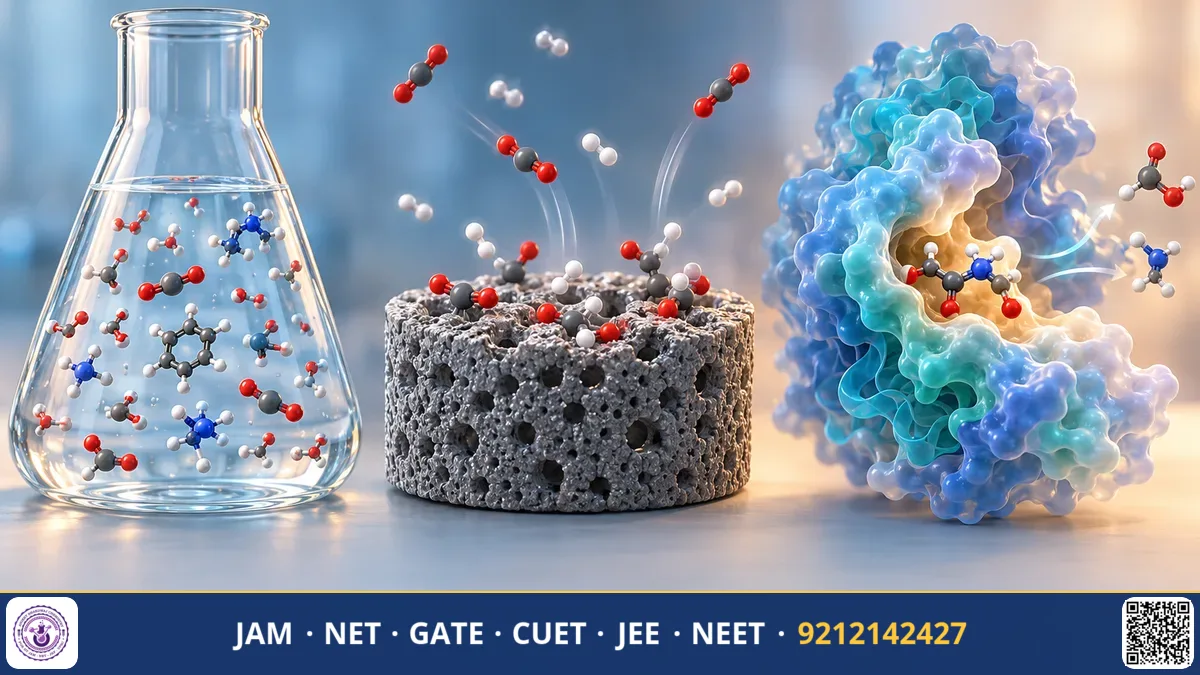 Surface catalyst mesh with adsorbed molecules beside an enzyme pocket binding a substrate