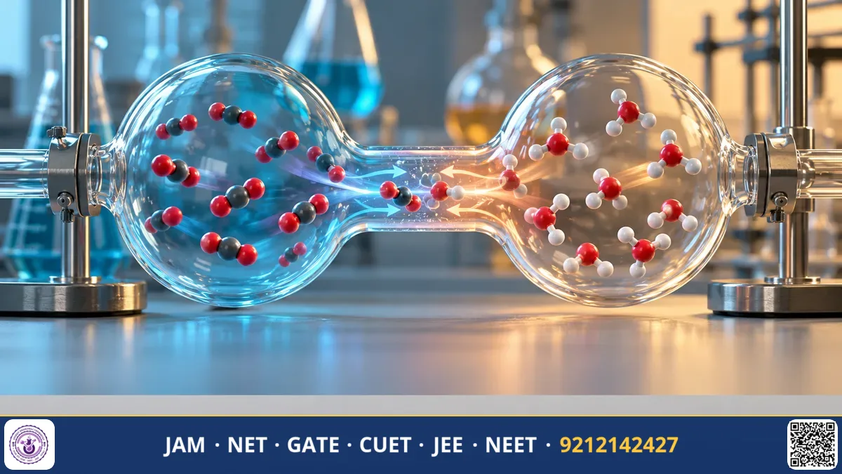 Gas molecules reacting inside a sealed piston cylinder alongside reaction quotient dynamic balance curves.