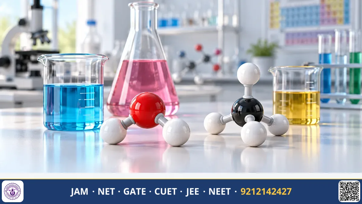 Study desk showing side-by-side laptop screen, open textbook, and classroom lecture notes on chemistry
