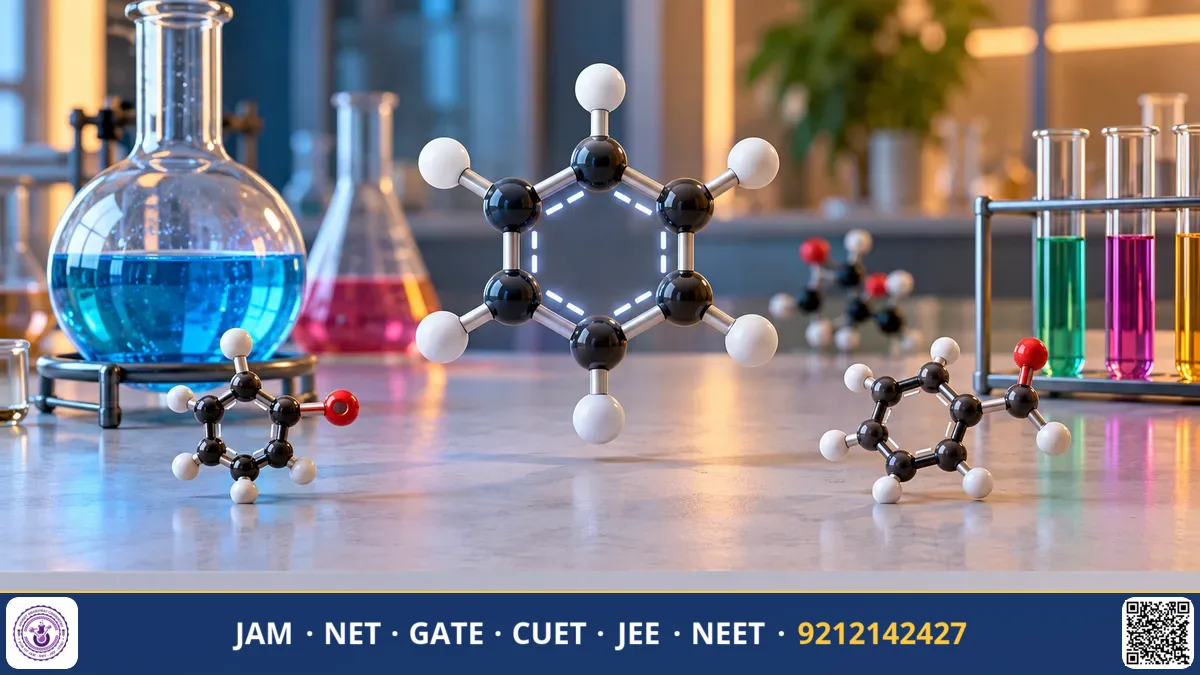 Benzene ring reaction diagrams, test tubes in a rack, and organic reaction mechanisms on a blackboard