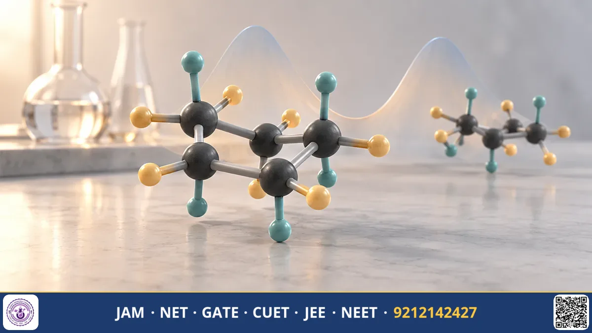 3D ball-and-stick model of cyclohexane chair conformation highlighting axial and equatorial hydrogen atoms.
