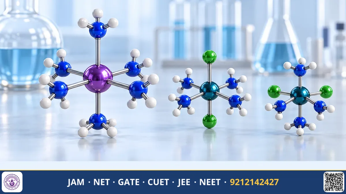 Octahedral coordination complex model displaying central metal atom surrounded by chemical ligands