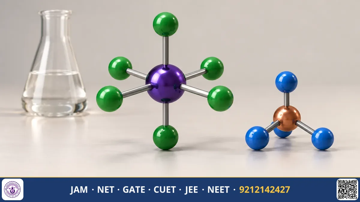 Brightly colored transition metal complex solutions in flasks beneath crystal field orbital splitting diagrams