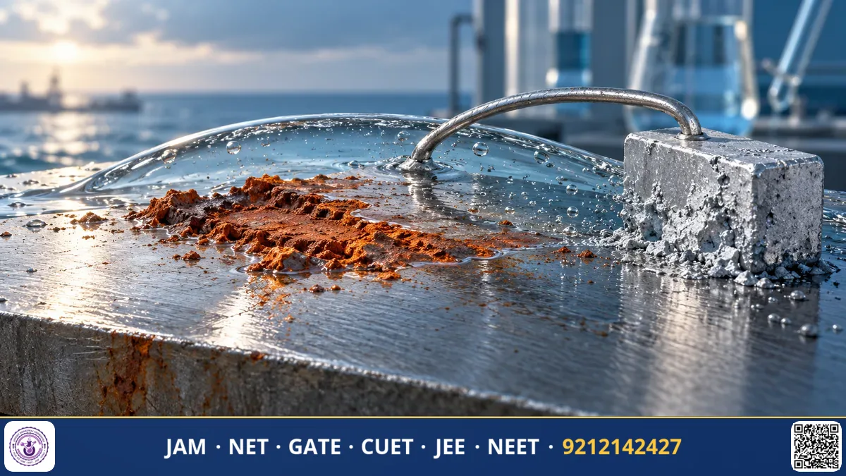 Microscopic iron surface with water droplet forming galvanic rust cell showing electron flow and oxide layer