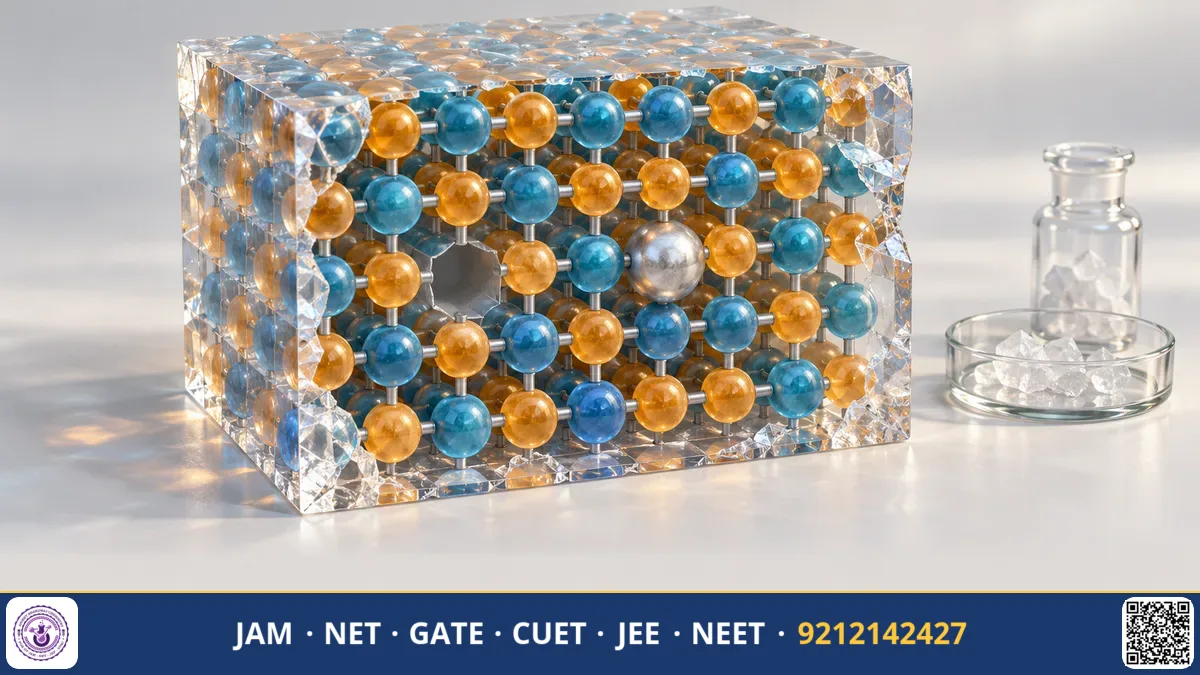 Crystal lattice model illustrating missing cations as Schottky defects and displaced atoms in interstitial sites