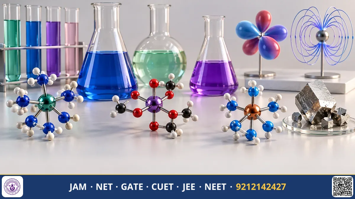 Transition metal salt solutions in vibrant colours beside an illustrated d-block electron shell diagram
