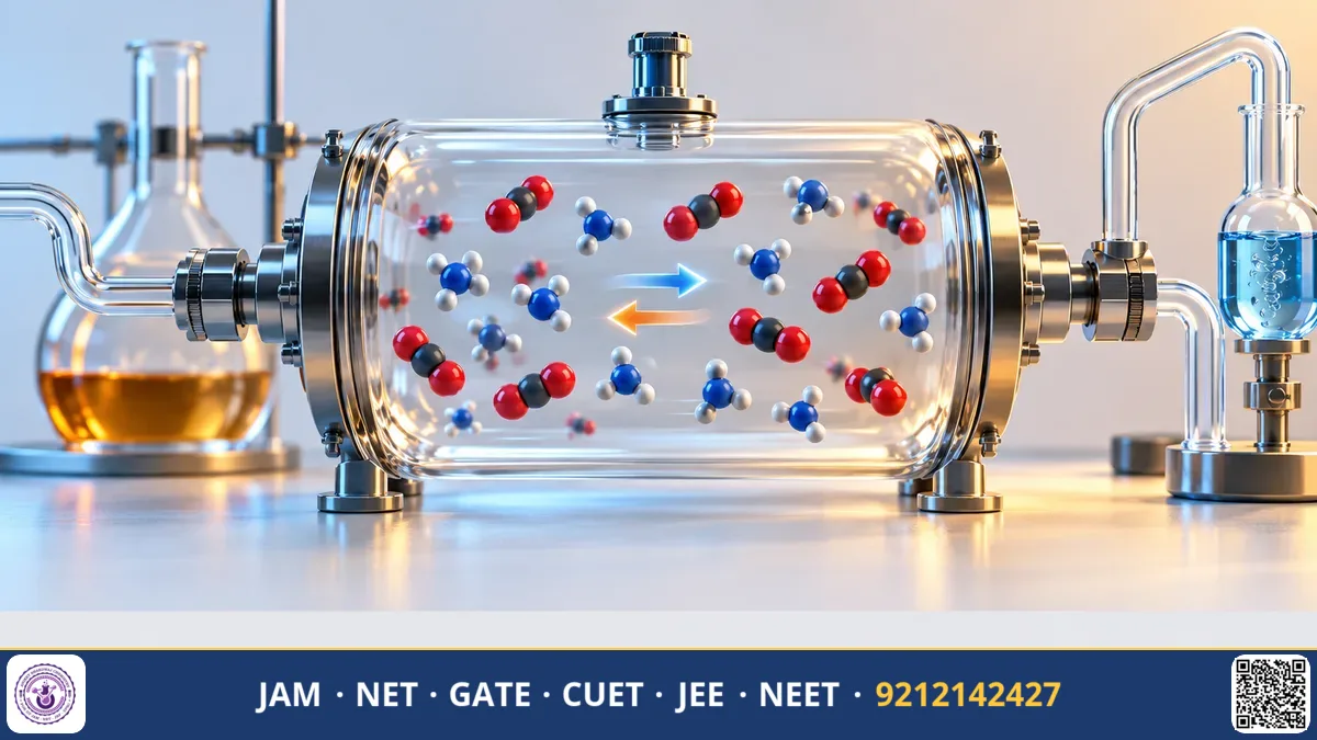Closed reaction vessel containing gas molecules with stress arrows showing equilibrium shifting