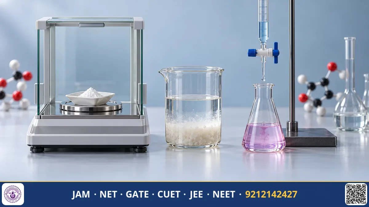 Burette clamped over conical flask during titration beside sintered glass crucible filtering precipitate