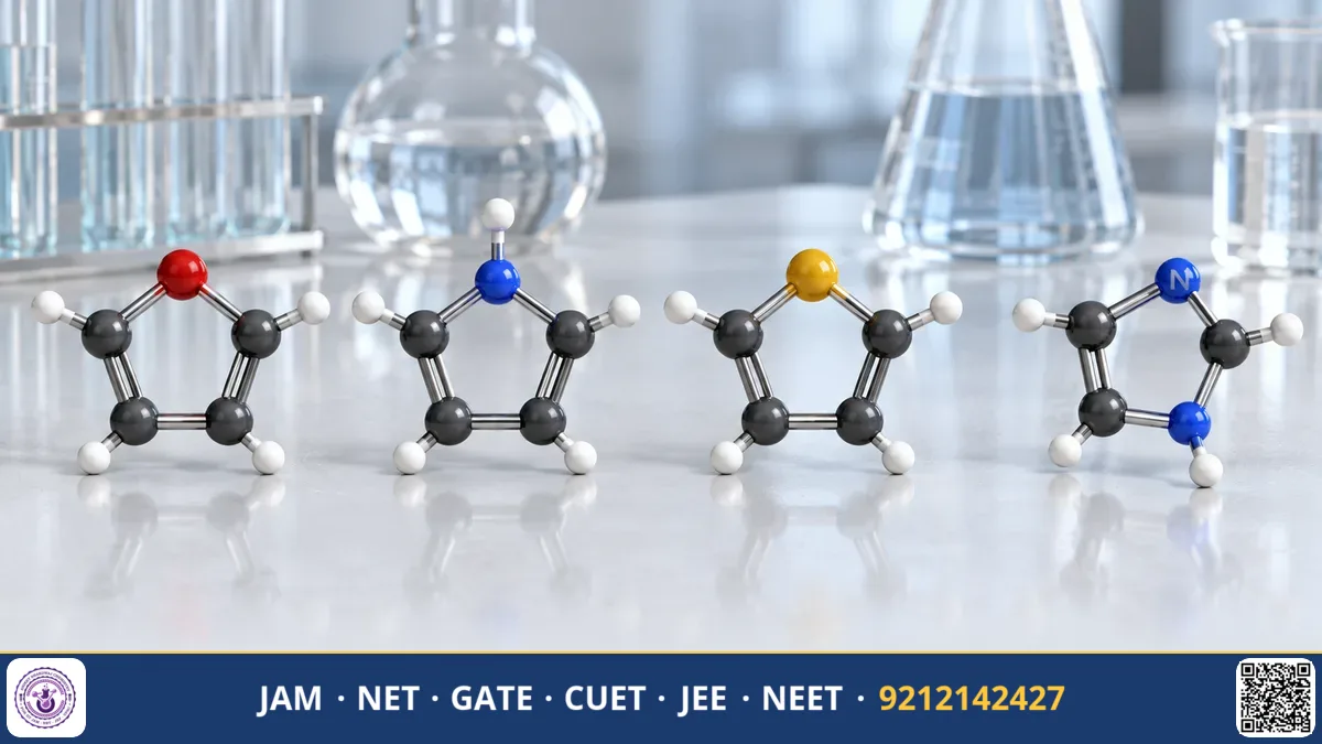 Chemical structures of pyrrole, furan, and thiophene rings with electrophilic attack arrows at C2