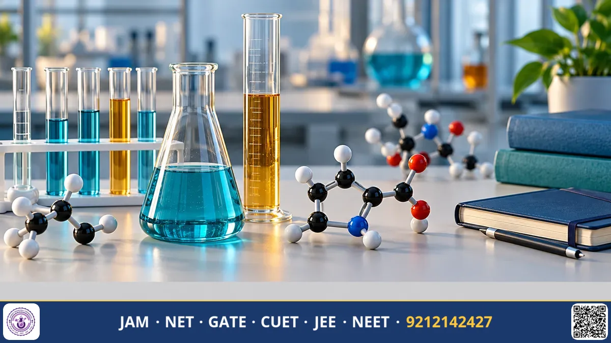 Calendar marking registration dates beside chemical glassware, molecular models, and study notes
