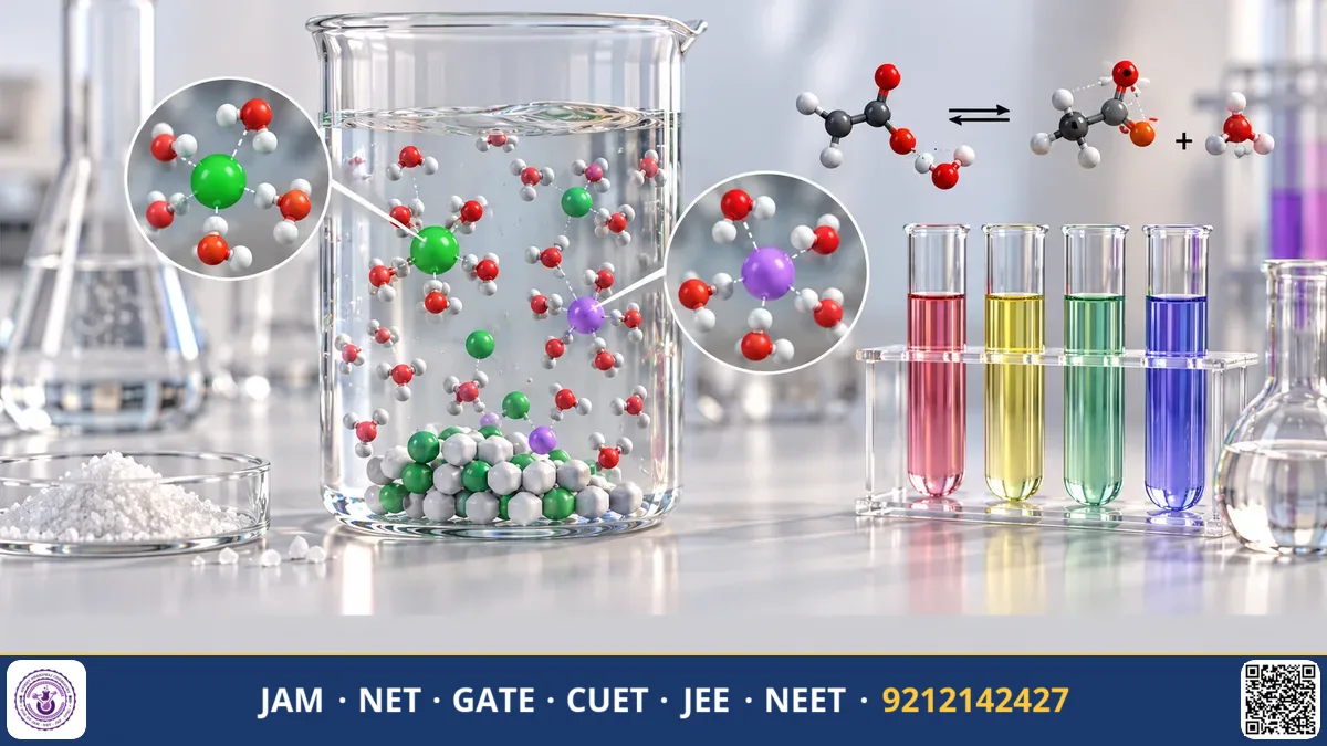 A beaker with pH indicator solution shifting colours beside a burette and ionic dissociation formulas