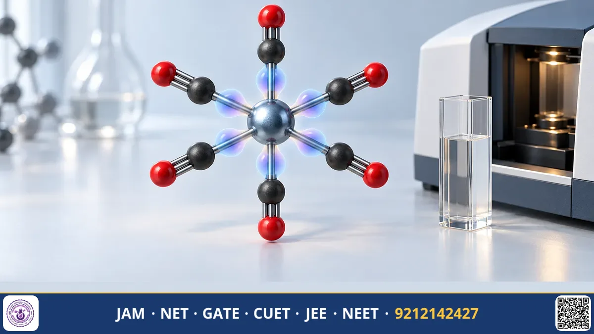 Metal carbonyl coordination complex showing sigma and pi back-bonding arrows beside infrared peaks