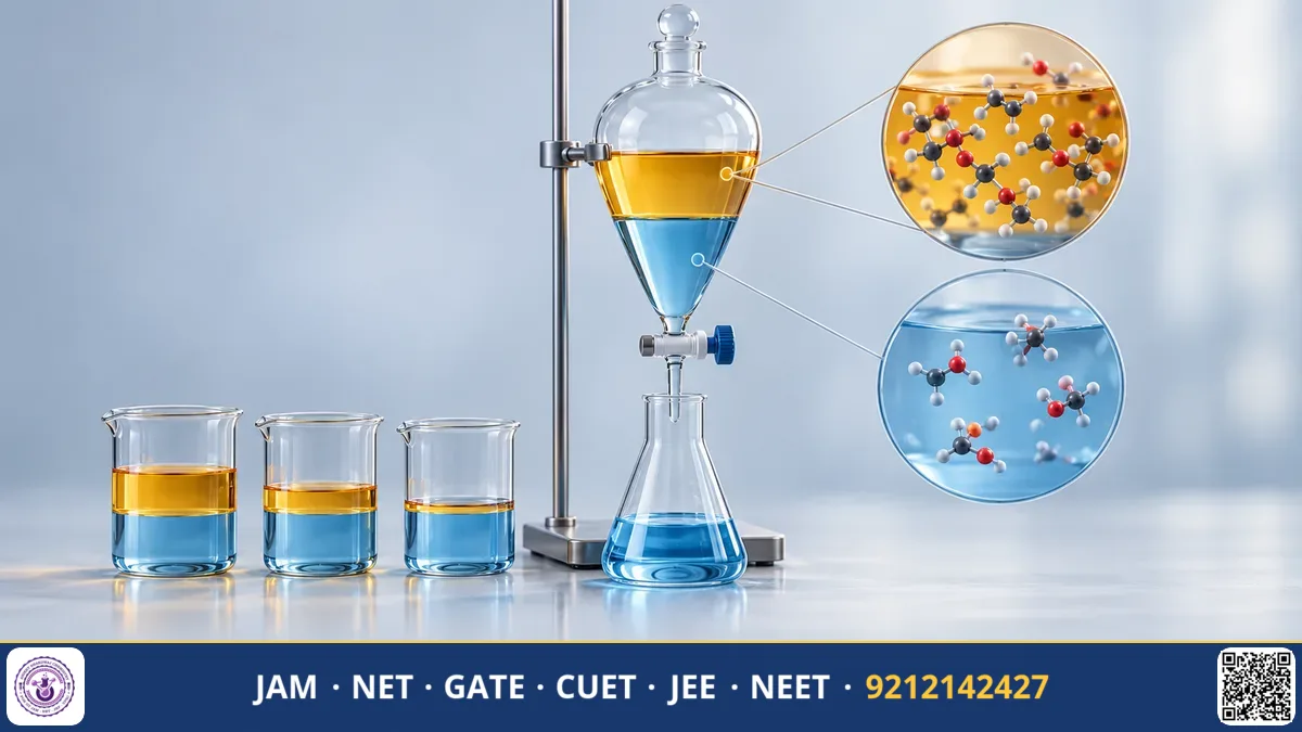 Glass separating funnel with two distinct liquid layers beside multiple collection flasks
