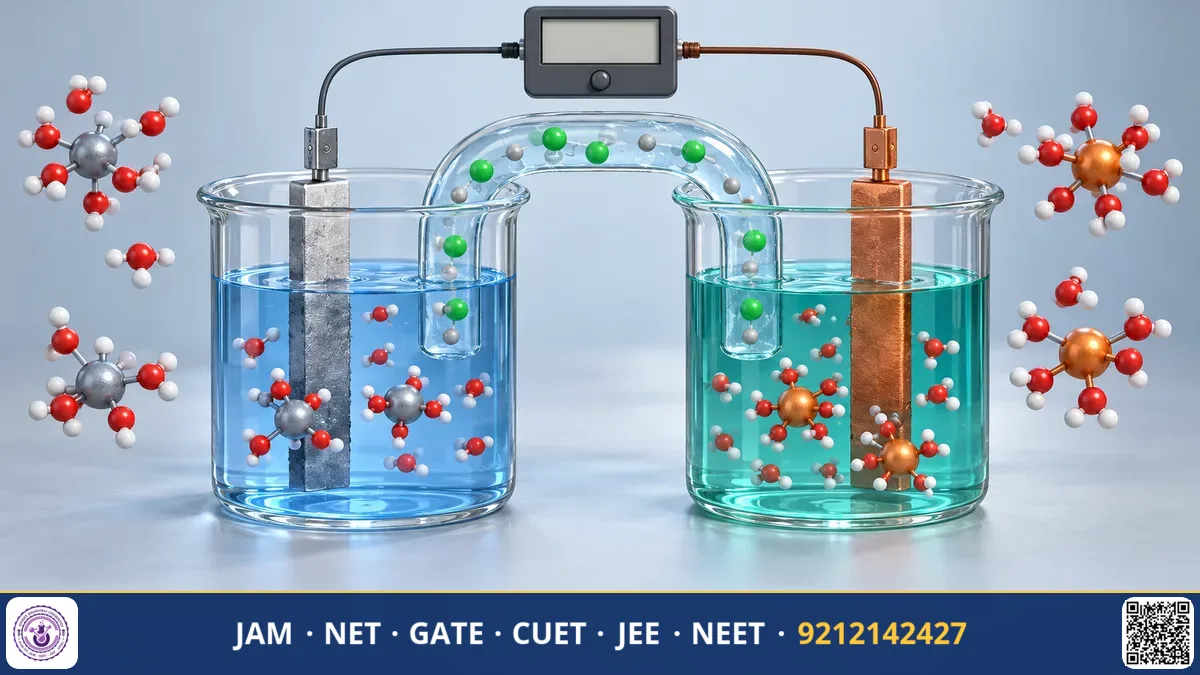 Galvanic cell with two beakers, salt bridge, voltmeter, and electrochemical formulas written on paper