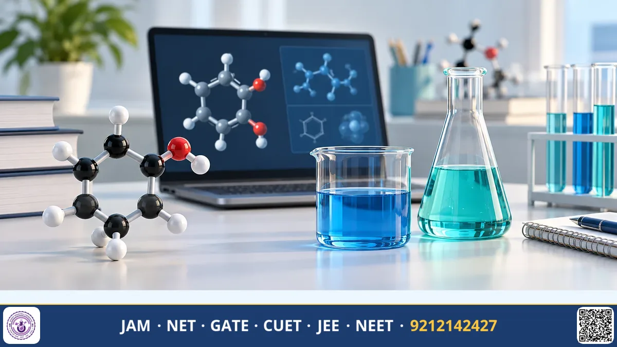 Laptop screen displaying a digital molecular model and chemistry equations beside a notebook and pen