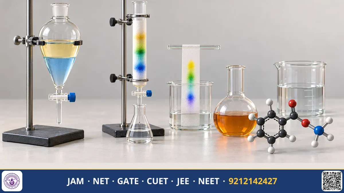 Laboratory bench with a glass Liebig distillation setup, TLC chromatography paper plate, and burner.