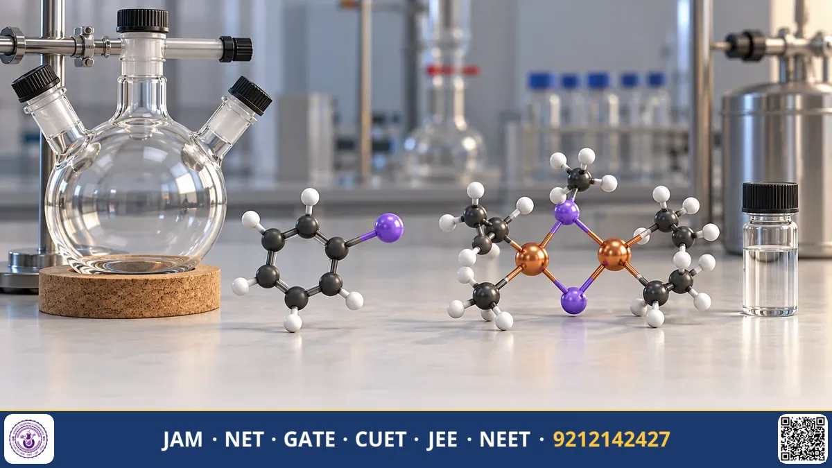 Flask of organolithium reagent reacting with an enone alongside 1,2 and 1,4 addition schemes