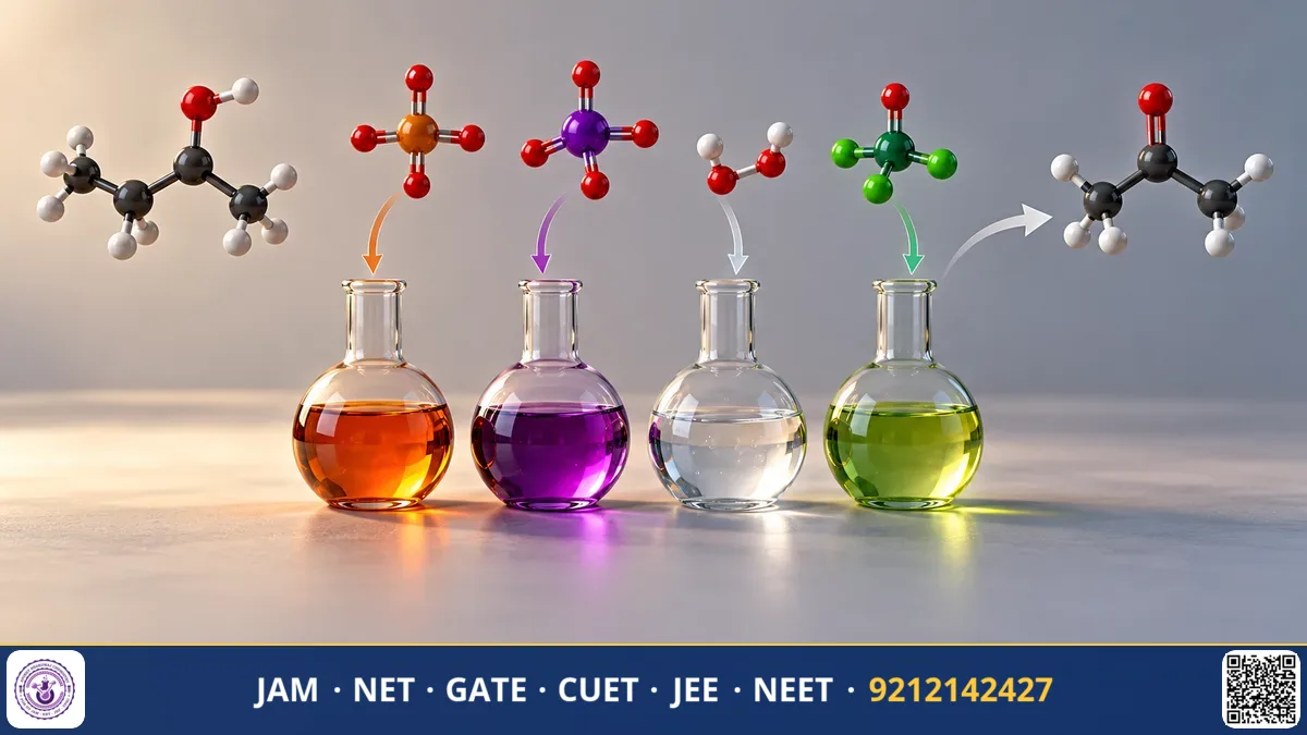Primary alcohol molecule transforming into aldehyde and carboxylic acid via selective reagent pathways.