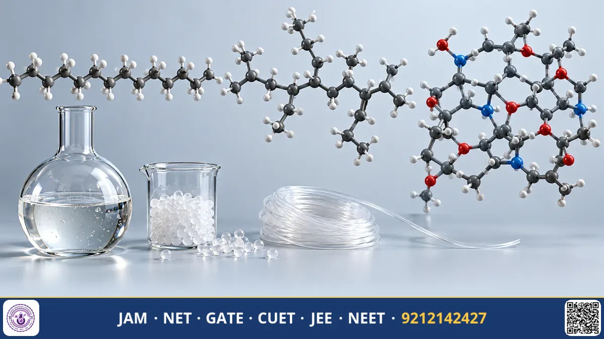 Repeating monomer units linking into long polymer chains with structural diagrams of nylon and bakelite