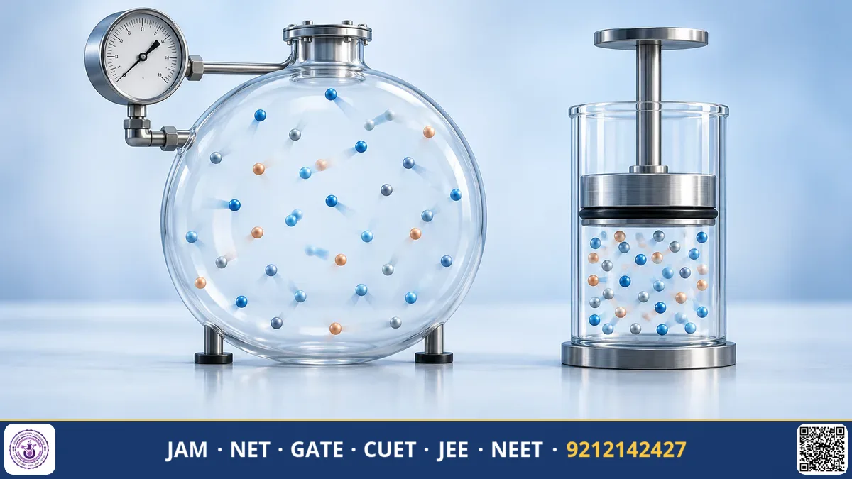 Gas particles colliding inside a piston cylinder with a manometer and pressure-volume curve.