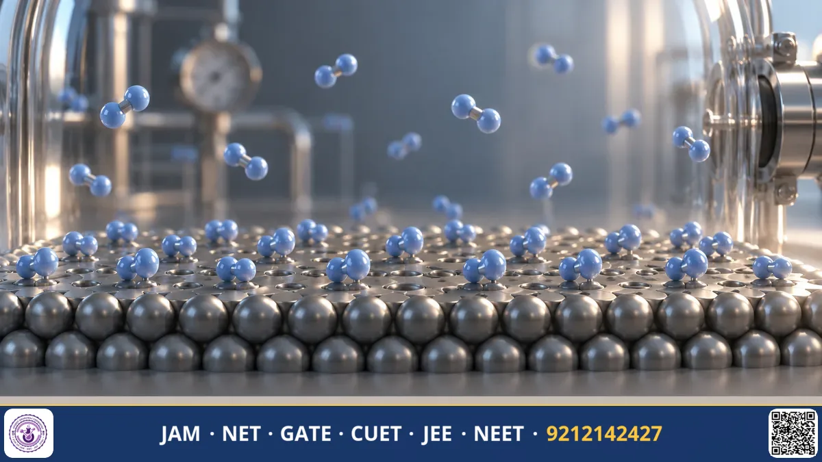 Solid catalyst surface with gas molecules adhering to active sites beside a monolayer adsorption isotherm curve