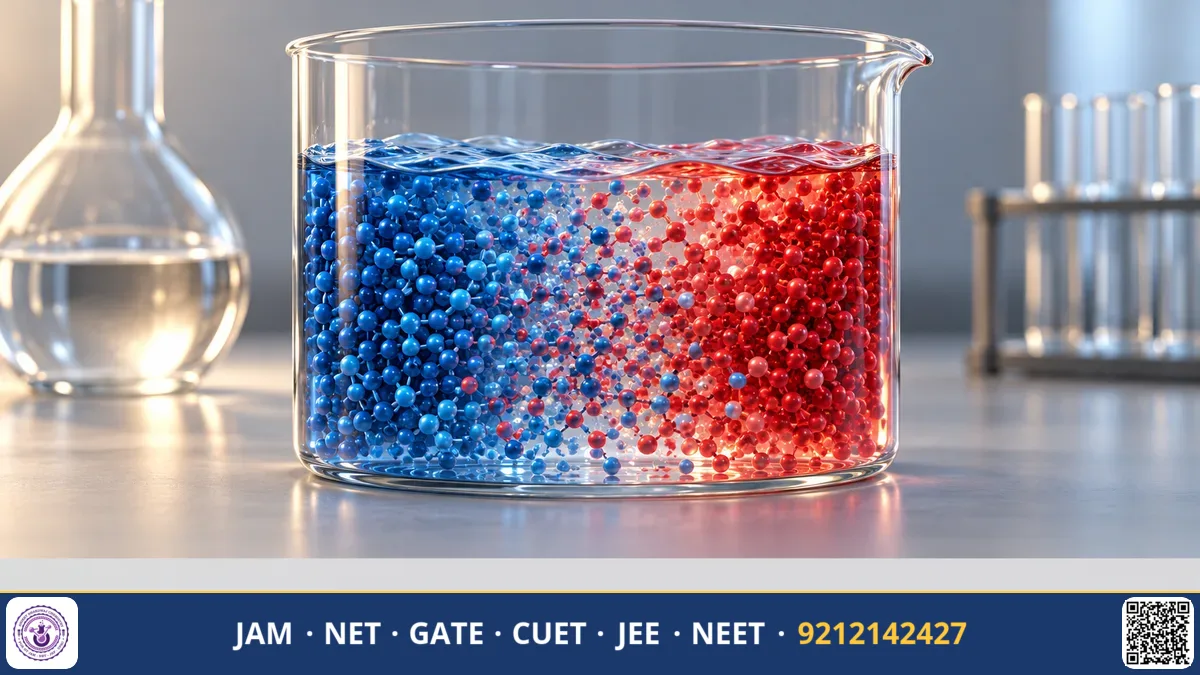 Two colored liquids diffusing in a glass beaker with free energy curves and entropy equations