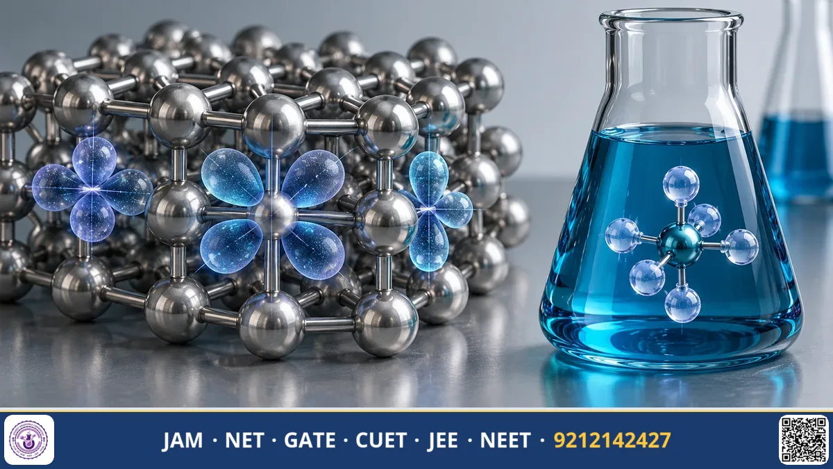 Vials of colourful transition metal salt solutions arranged next to periodic table d block rows