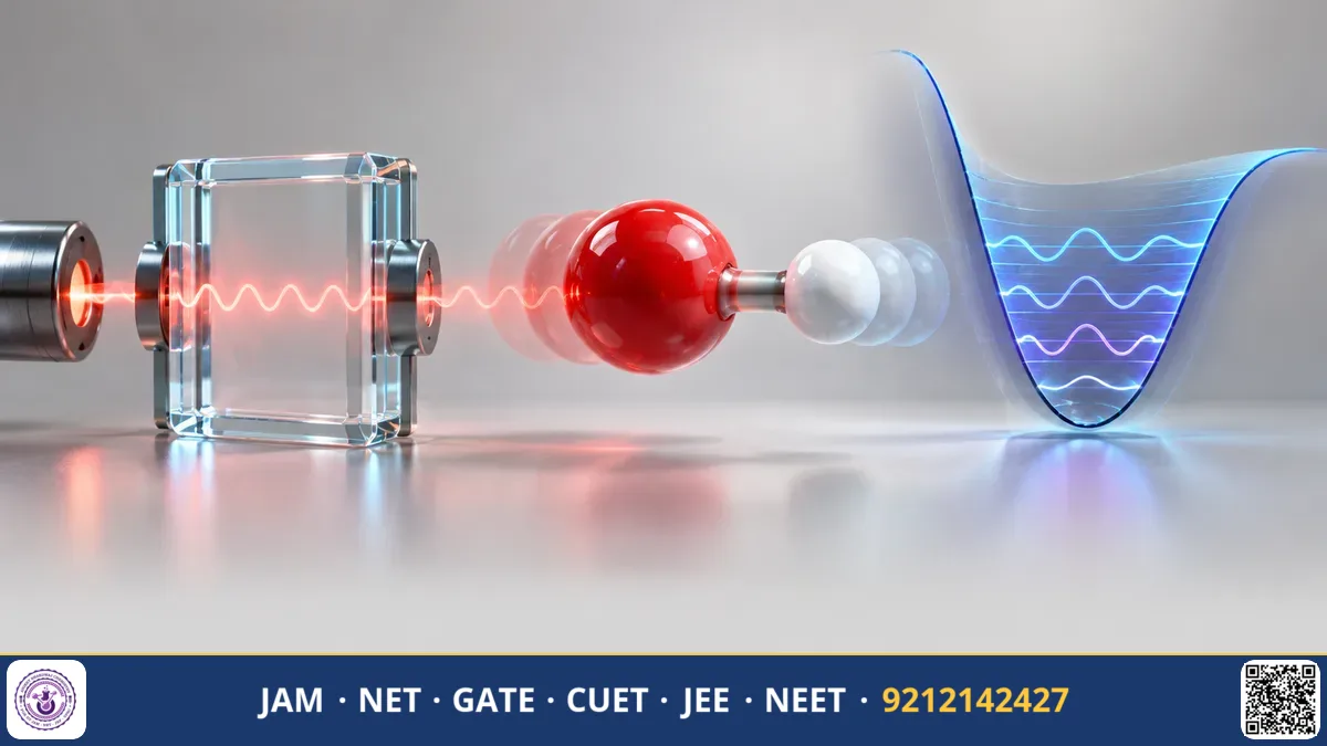 Infrared spectrum curve alongside a Morse potential energy well and ball-and-spring molecular bonds