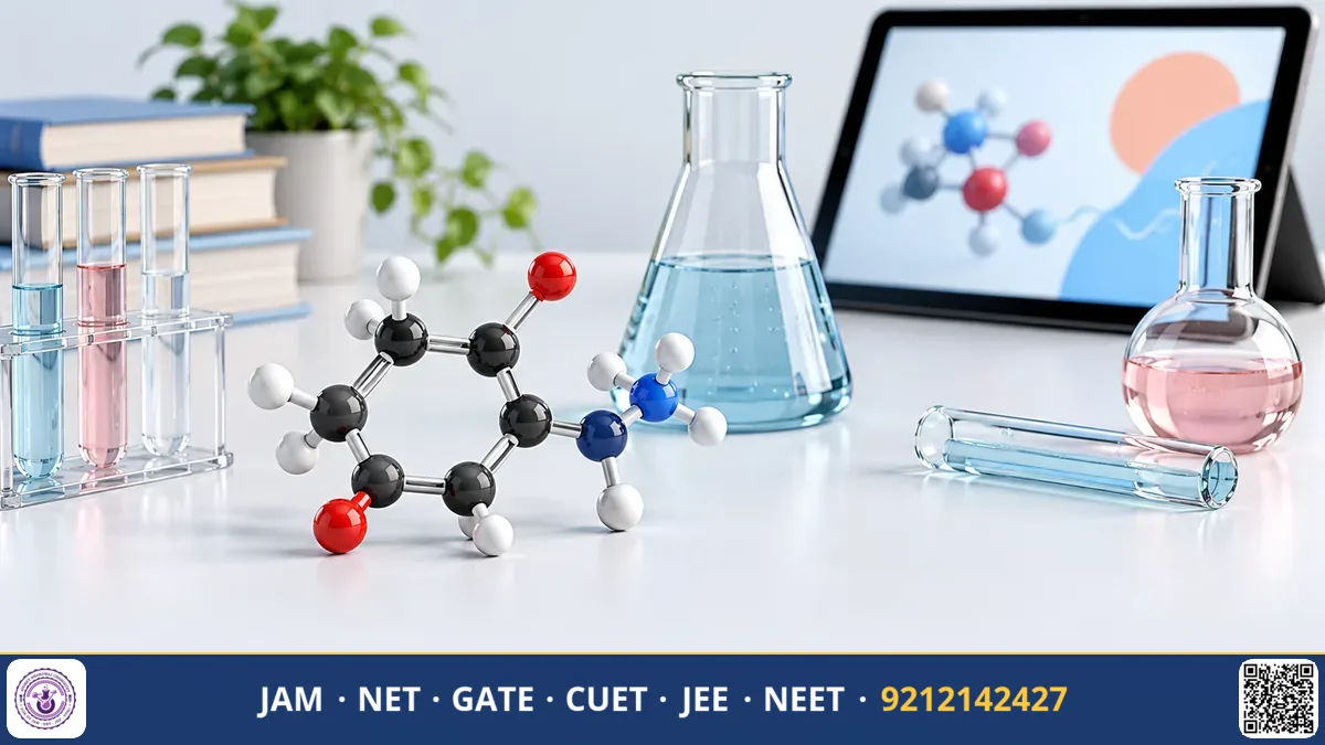 Student at a desk watching a live virtual chemistry lecture displaying molecular structures