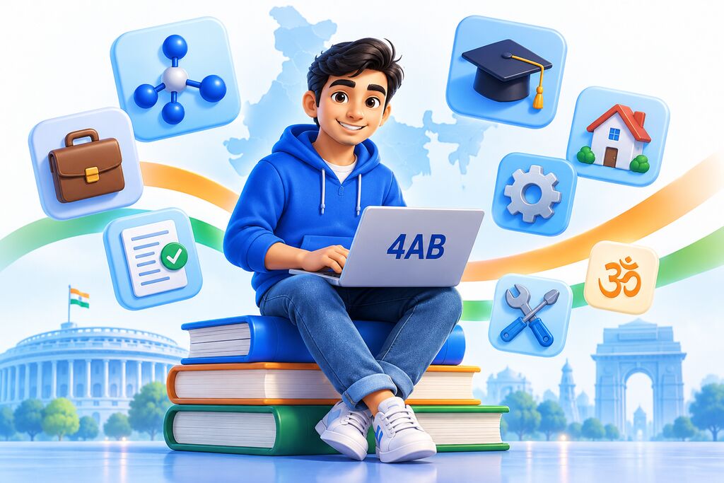 A student with a 4AB laptop surrounded by chemistry, jobs, exams, education, property, services, tools and spiritual tiles