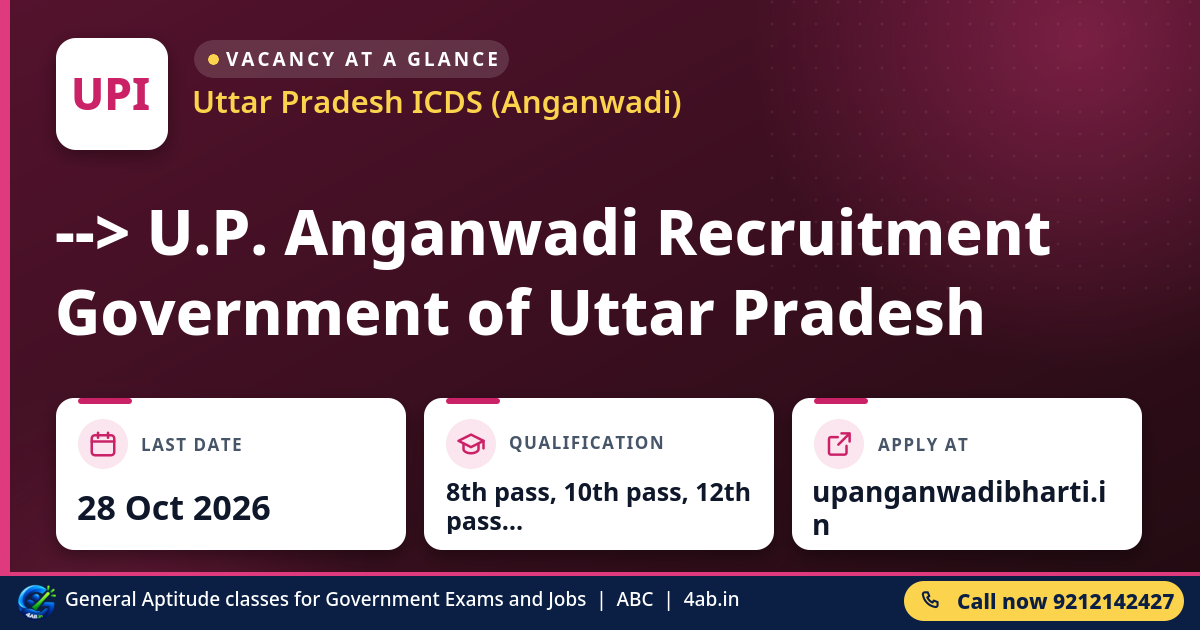 --> U.P. Anganwadi Recruitment Government of Uttar Pradesh - Uttar Pradesh ICDS (Anganwadi)