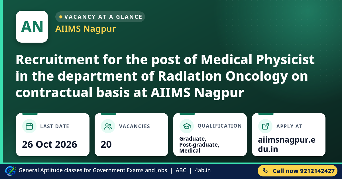 Recruitment for the post of Medical Physicist in the department of Radiation Oncology on contractual basis at AIIMS Nagp