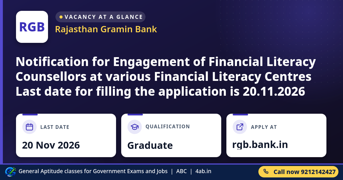 Notification for Engagement of Financial Literacy Counsellors at various Financial Literacy Centres Last date for fillin