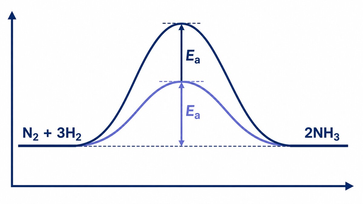 A reaction-coordinate diagram shows ammonia synthesis with a high uncatalysed barrier and a lower catalysed barrier, while reactant and product energy levels remain the same.