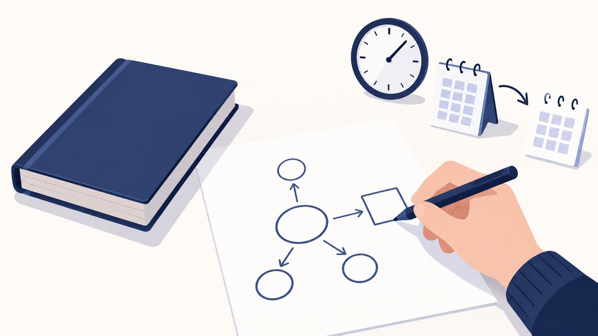 A hand writes abstract marks on a blank sheet beside a closed textbook, with a small clock suggesting a later retest.