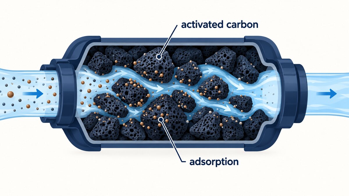A cutaway activated carbon filter shows contaminant dots attaching to porous indigo granules as water flows through and exits clearer.