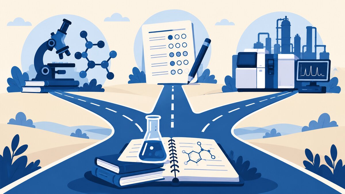 A central chemistry notebook and flask lead along three branching paths to research tools, an exam paper, and an industrial instrument in indigo and navy.