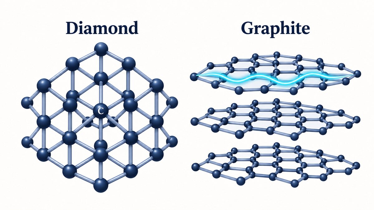 Flat indigo diagrams compare a tetrahedral diamond network with stacked hexagonal graphite layers, with a cyan line showing electron movement along one layer.