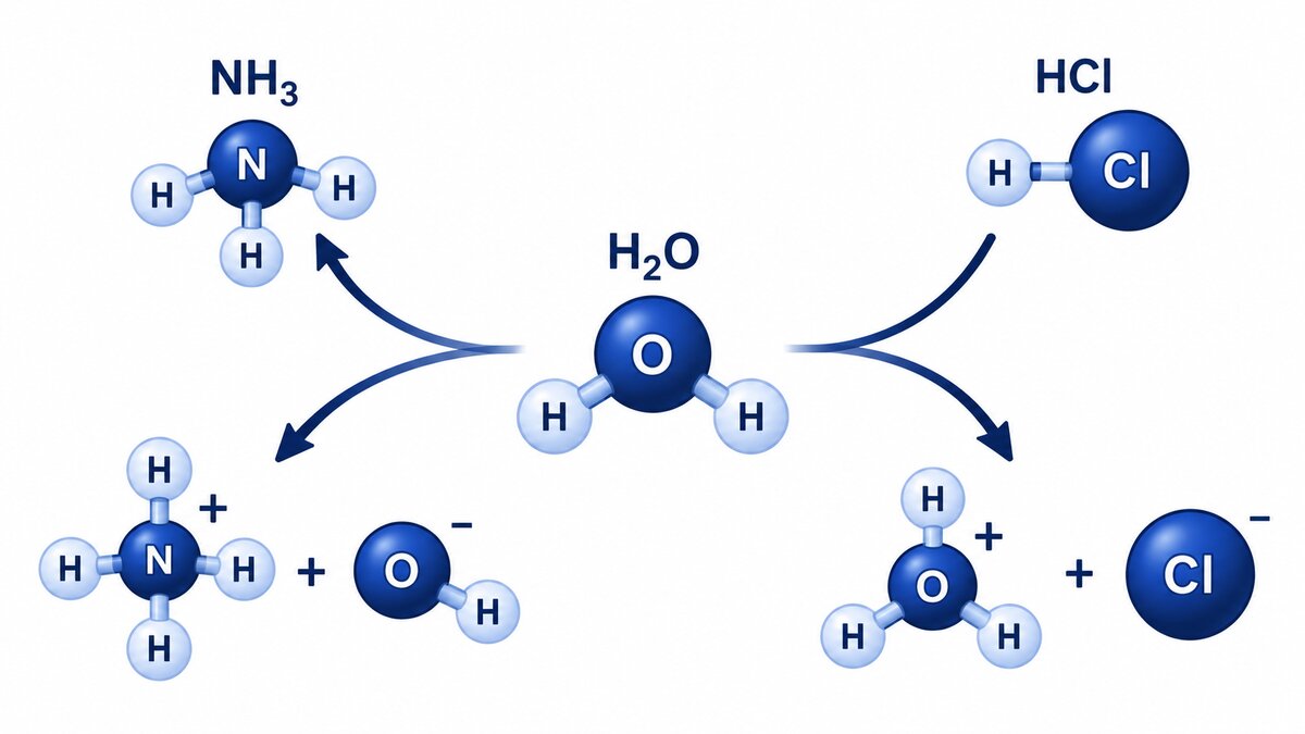 A central H₂O molecule sits between two reaction paths, donating a proton to NH₃ on one side and accepting one from HCl on the other.