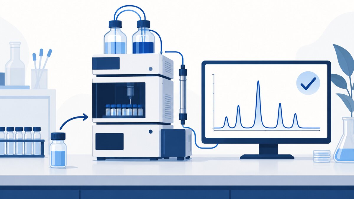 A sample vial sits beside an HPLC instrument with a chromatogram of distinct peaks, illustrating how analytical chemistry measures and checks a sample.