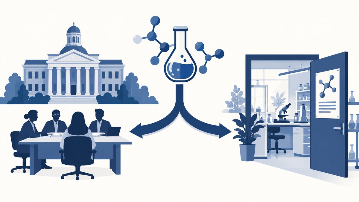 A chemistry molecule branches into two application paths, one leading to a university department and the other to a research group lab.