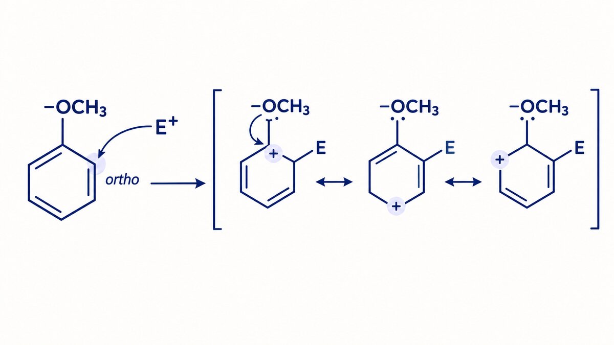 A flat indigo chemistry diagram shows an –OCH3-substituted benzene ring, E+ approaching an ortho position, and the resulting cation stabilized by lone-pair donation.