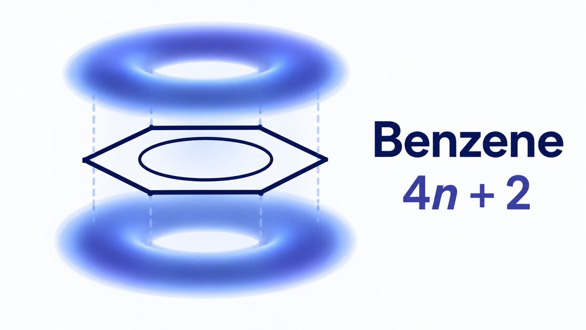 A flat benzene ring with a delocalised pi electron cloud above and below the ring plane, labelled Benzene and 4n + 2.