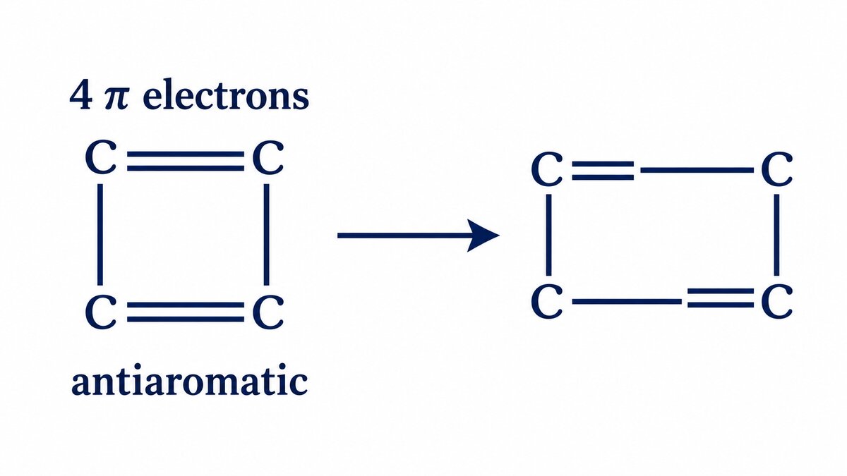 A square cyclobutadiene ring with alternating double bonds transforms into a rectangle with alternating short and long bonds, labeled “4 π electrons” and “antiaromatic.”